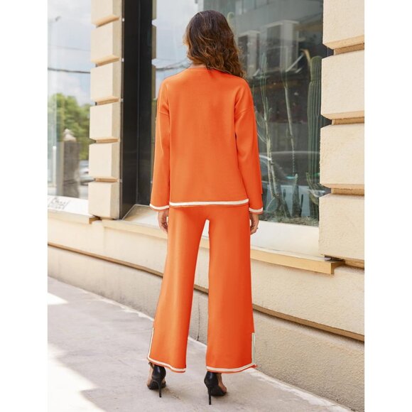 Women's Orange Long Sleeve Knit Sweater Top & Wide Leg Pants Lounge Set - Picture 3 of 6